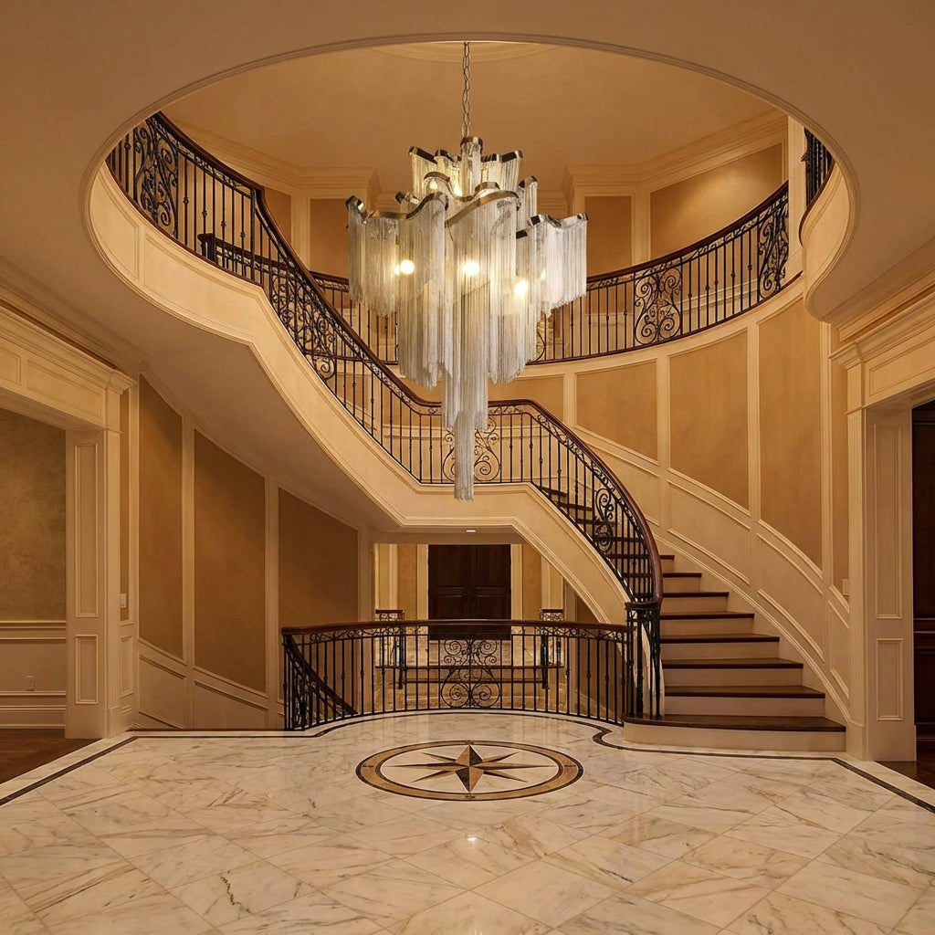 Riviko Post-Modern Extra Large Stainless Steel Long Tassel Chandelier for Large Living Room / Staircase / Villa / Duplexes - grand American foyer with two-story ceiling