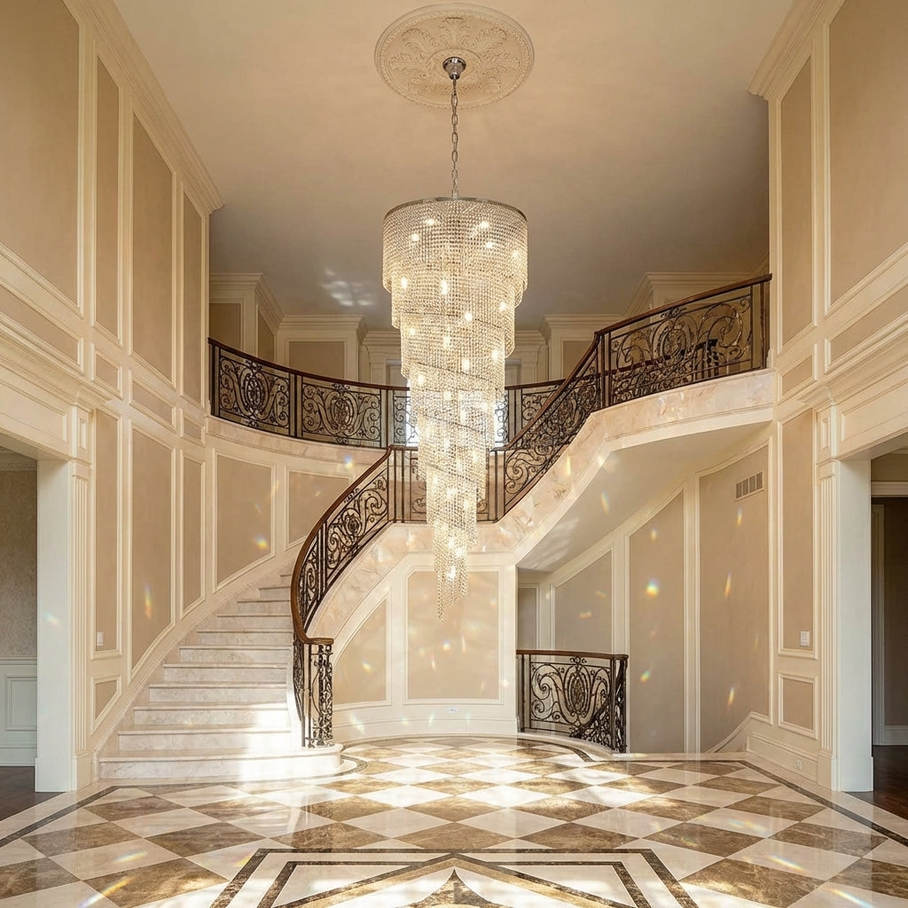 Riviko Grand Spiral Tiered Crystal Chandelier - grand American estate foyer