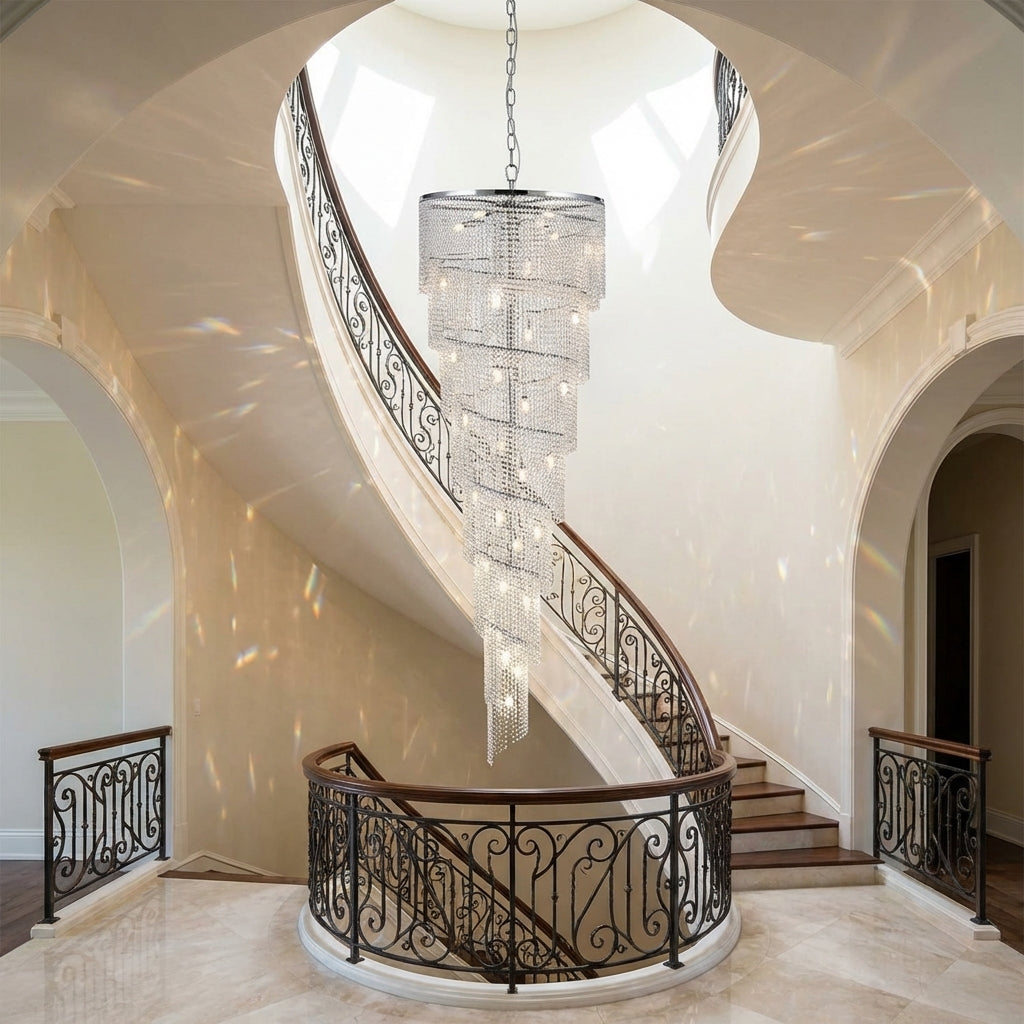 Riviko Grand Spiral Tiered Crystal Chandelier - dramatic American stairwell with soaring ceiling