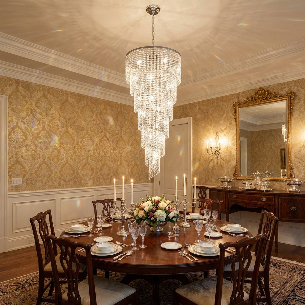 Riviko Grand Spiral Tiered Crystal Chandelier - formal American dining room