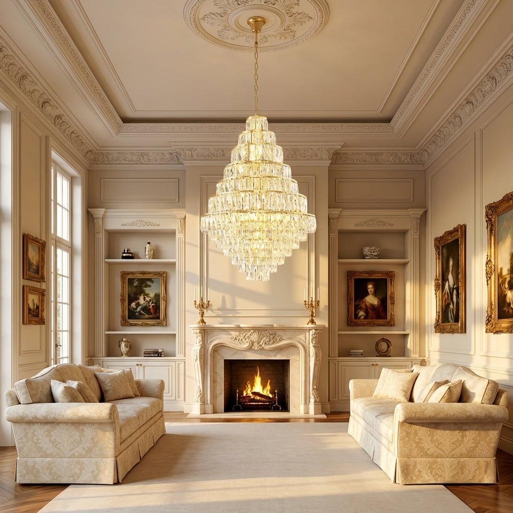 Riviko Grand Radiance Crystal & Metal Chandelier - American formal living room with 12-foot ceilings