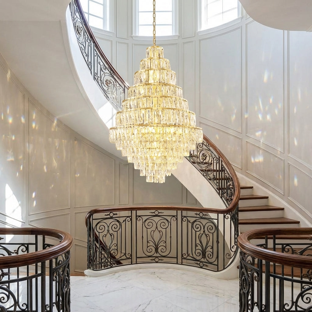 Riviko Grand Radiance Crystal & Metal Chandelier - dramatic American stairwell with soaring ceiling