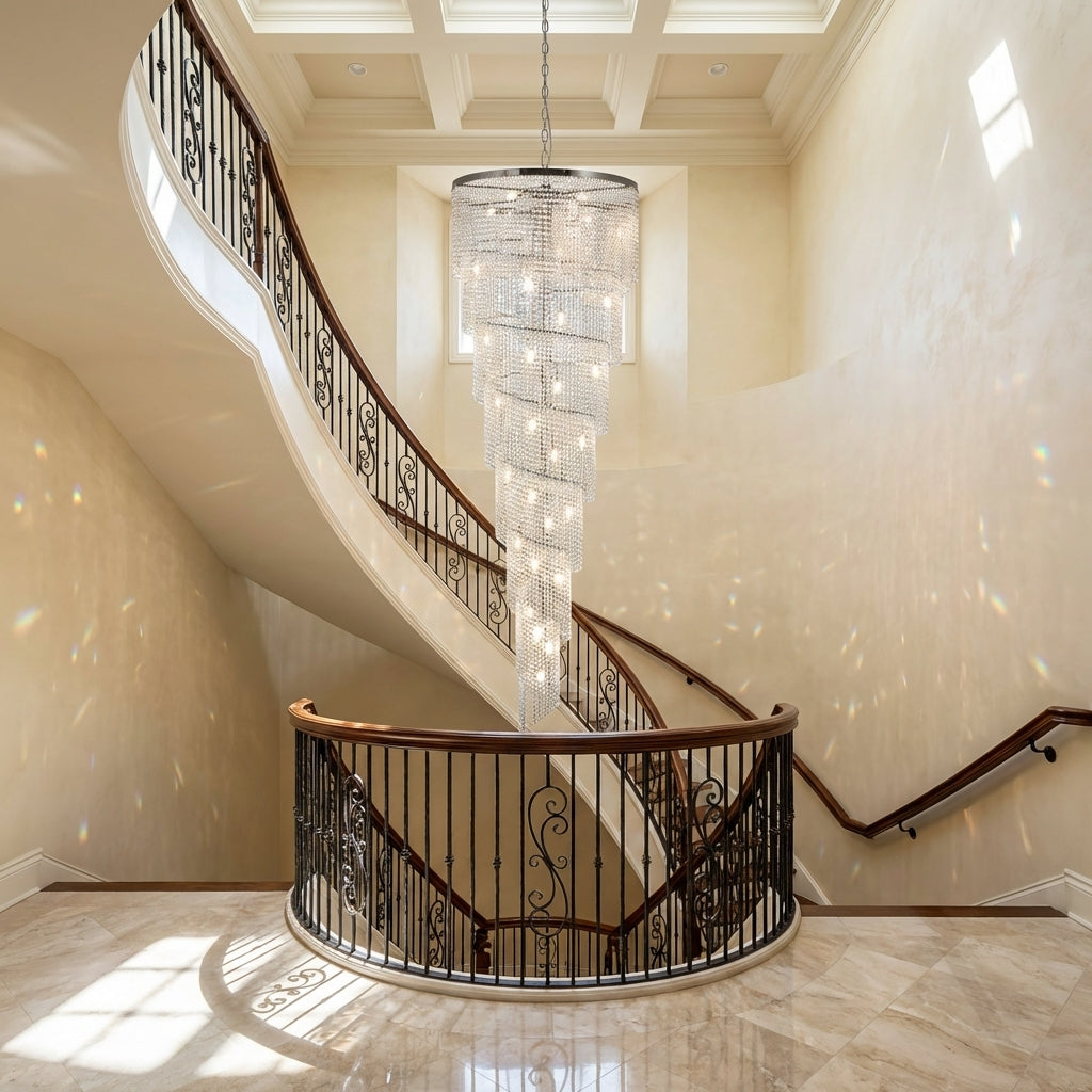 Riviko Extra Large Spiral Tiered Long Crystal Chandelier Luxury Crystal Tassel Light Fixture For Staircase/Entryway - dramatic American stairwell with soaring ceiling