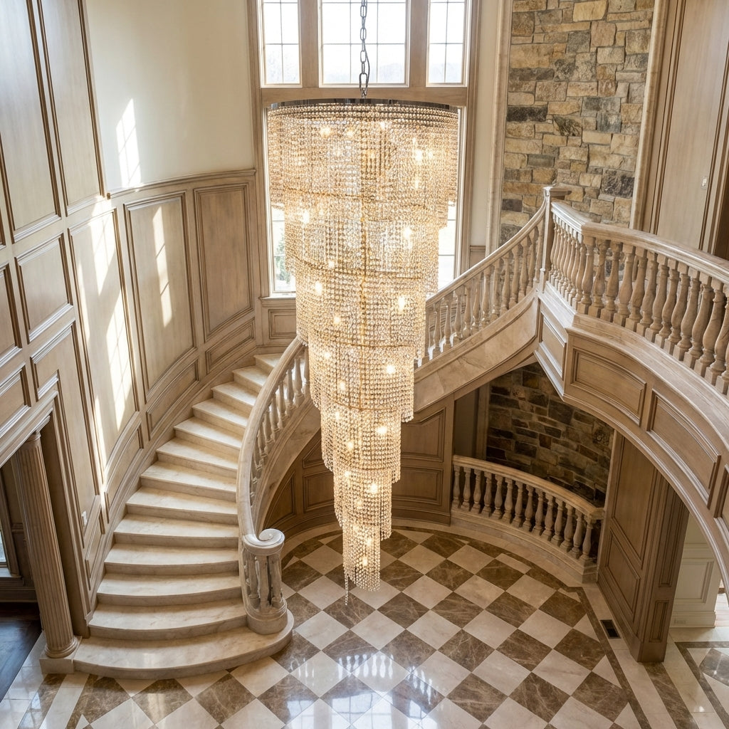 Riviko Extra Large Spiral Tiered Long Crystal Chandelier Luxury Crystal Tassel Light Fixture For Staircase/Entryway - grand American estate foyer