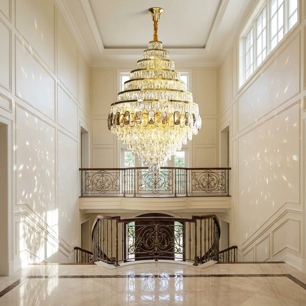 Riviko Grand Honeycomb Crystal Chandelier - dramatic American stairwell with soaring ceiling
