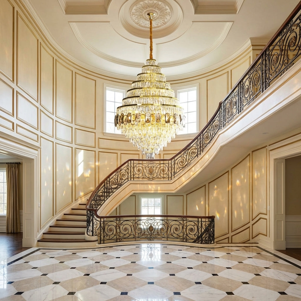 Riviko Honeycomb Shaped Ceiling Chandelier Extra Large Crystal Light Fixture For Foyer Staircase/ Entryway In Gold Finish - grand American estate foyer