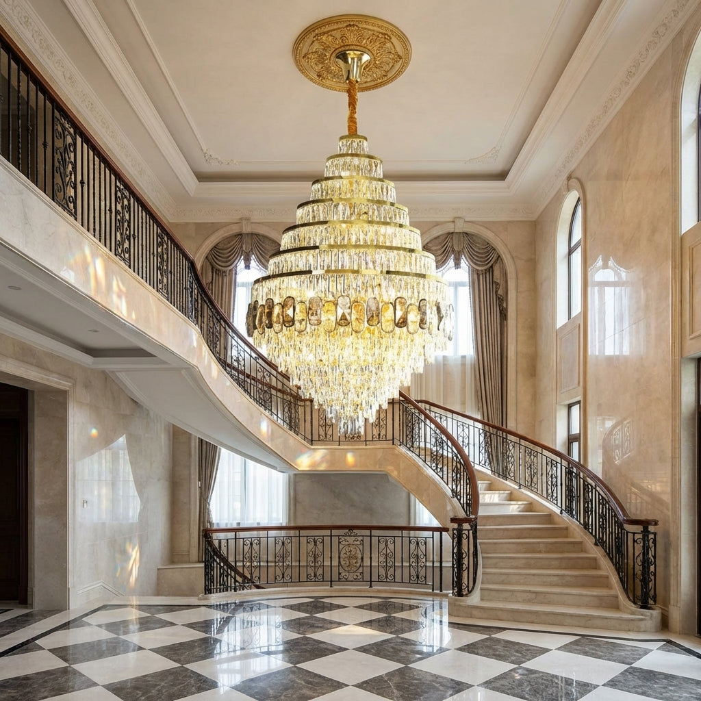 Riviko Honeycomb Shaped Ceiling Chandelier Extra Large Crystal Light Fixture For Foyer Staircase/ Entryway In Gold Finish - grand American estate foyer