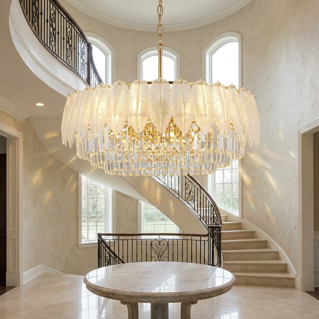 Riviko Extra Large Crystal Feather Style Chandelier Long Foyer Staircase Ceiling Lighting Fixture For Living Room - Studio Shot
