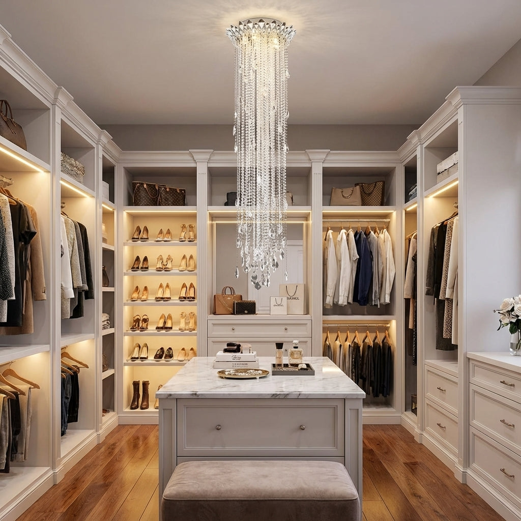 Riviko Veridian Cascade Crystal Tassel Chandelier - luxury American walk-in closet