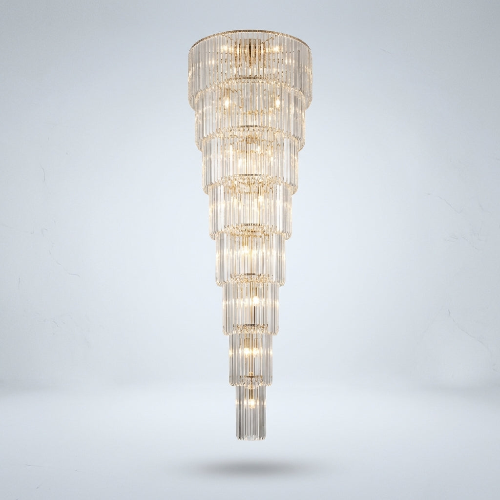 Riviko Extra Large Multi-layers Long Golden Crystal Chandelier for 2-Storey/Duplex Buildings/Dining Room/Staircase - Studio Shot
