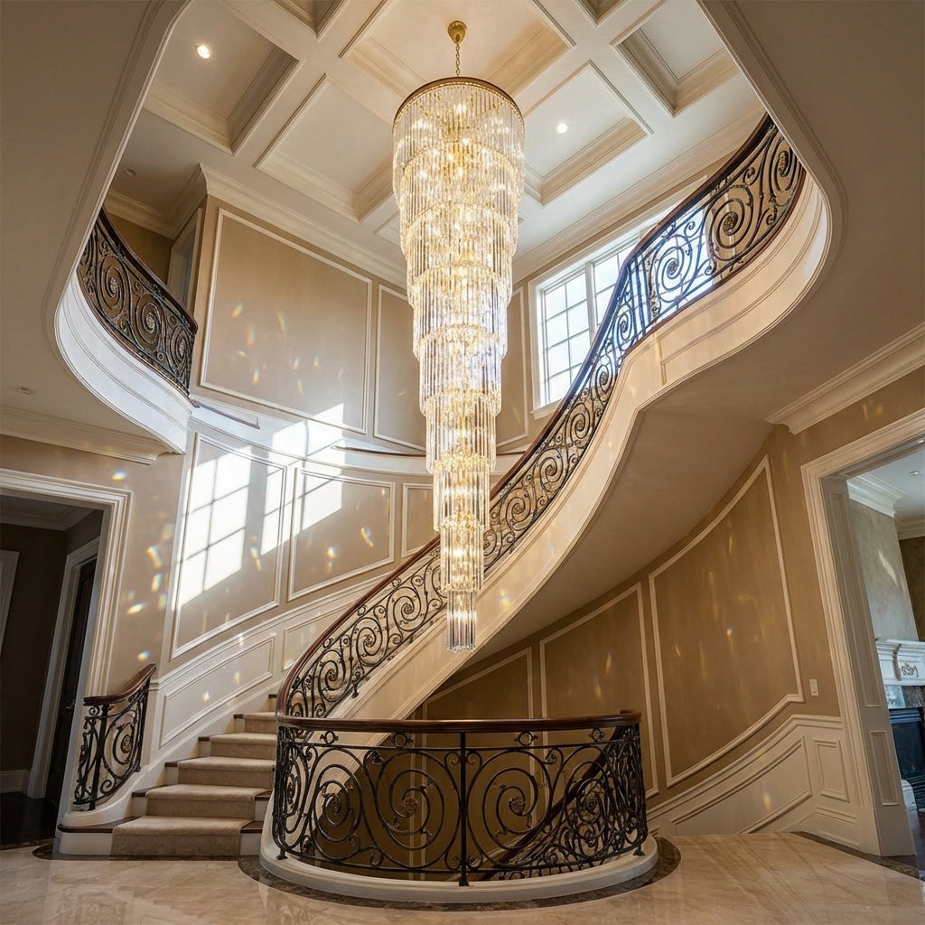 Riviko Extra Large Multi-layers Long Golden Crystal Chandelier for 2-Storey/Duplex Buildings/Dining Room/Staircase - Scene