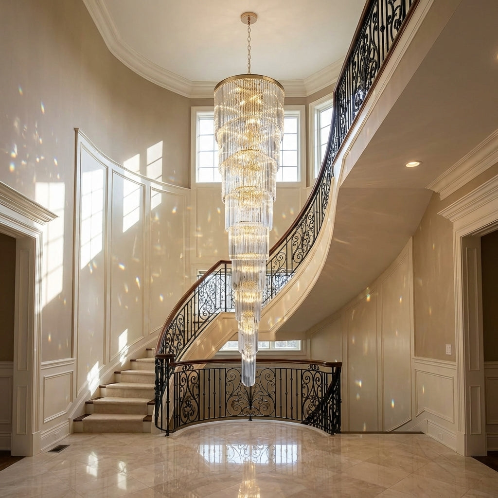 Riviko Extra Large Multi-layers Long Golden Crystal Chandelier for 2-Storey/Duplex Buildings/Dining Room/Staircase - Scene