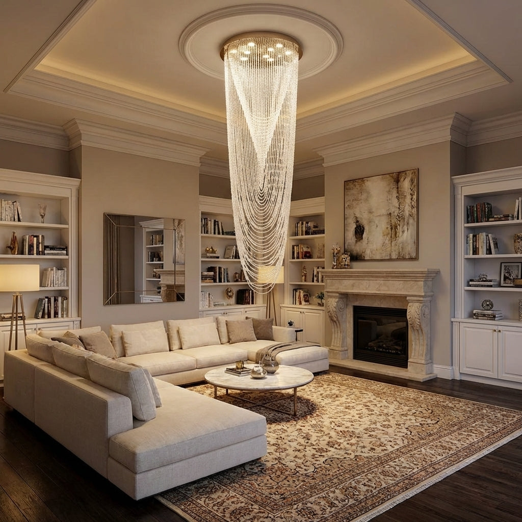 Riviko Grand Tiered Waterfall Round Chandelier - luxurious American living room with tray ceiling