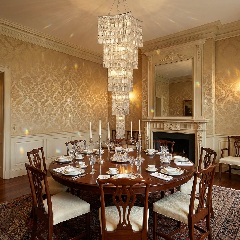 Riviko Grand Tiered K9 Crystal Vertical Chandelier - formal American dining room