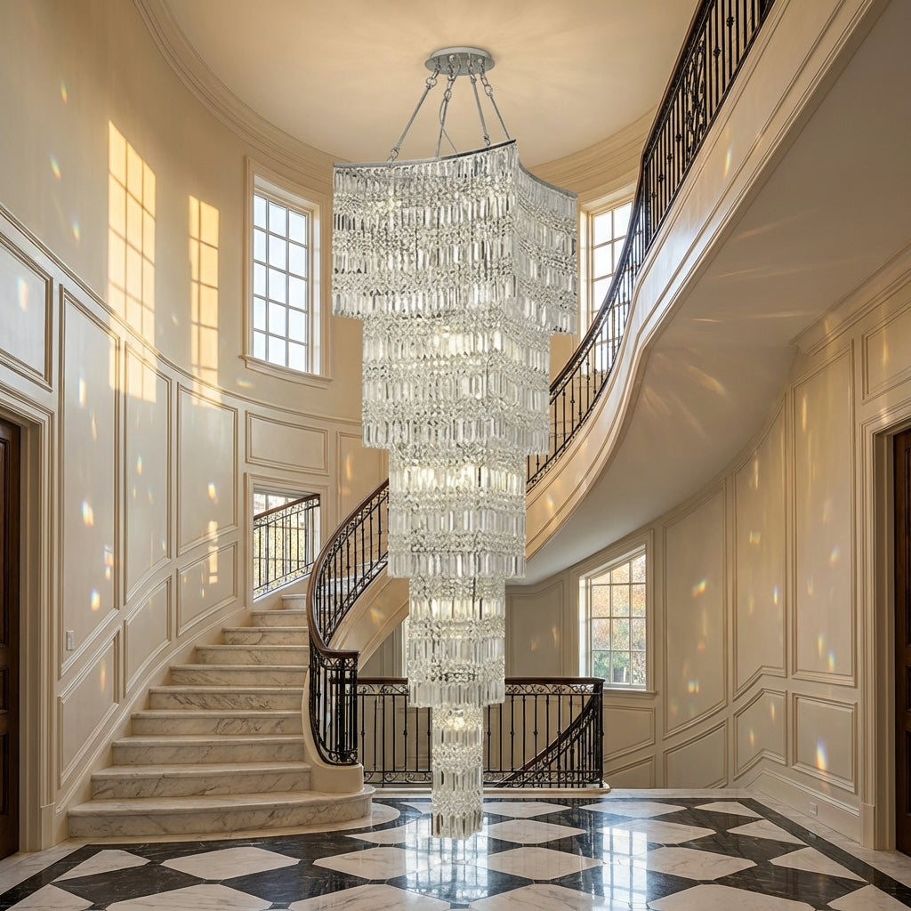Riviko Extra Large Foyer Vertical Layers K9 Crystal Chandelier Chrome Ceiling Lighting Fixture For Staircase Entryway Decor - Scene