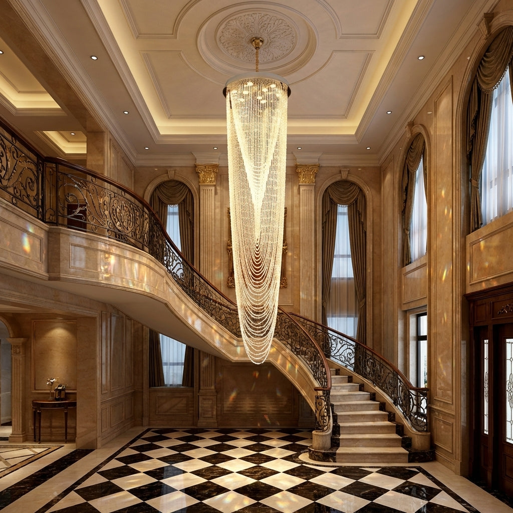 Riviko Extra Large Affordable Luxury Tiered Tassel Watefall Crystal Chandelier for Spiral Staircase/Villa/Hotel Lobby/Foyer - grand American estate foyer