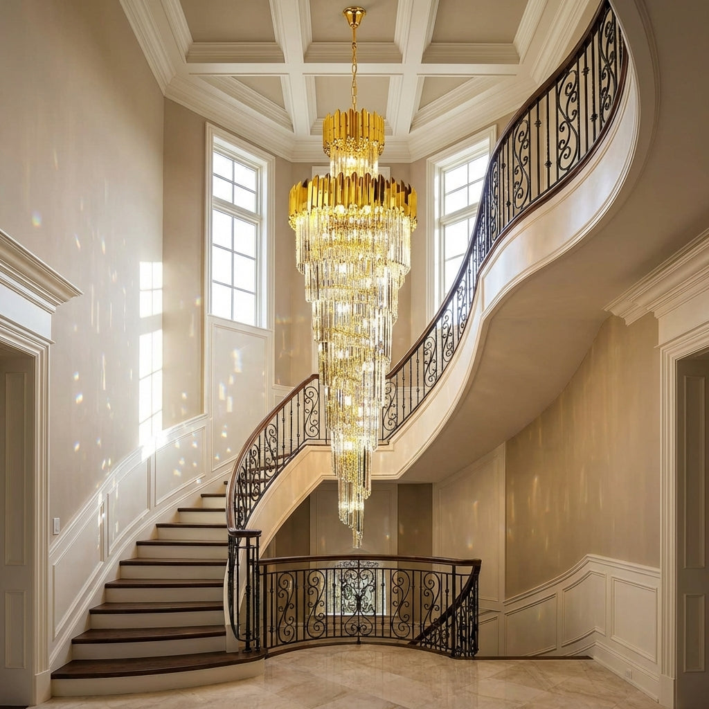 Riviko Grand Radiance K9 Crystal Chandelier - dramatic American stairwell with soaring ceiling