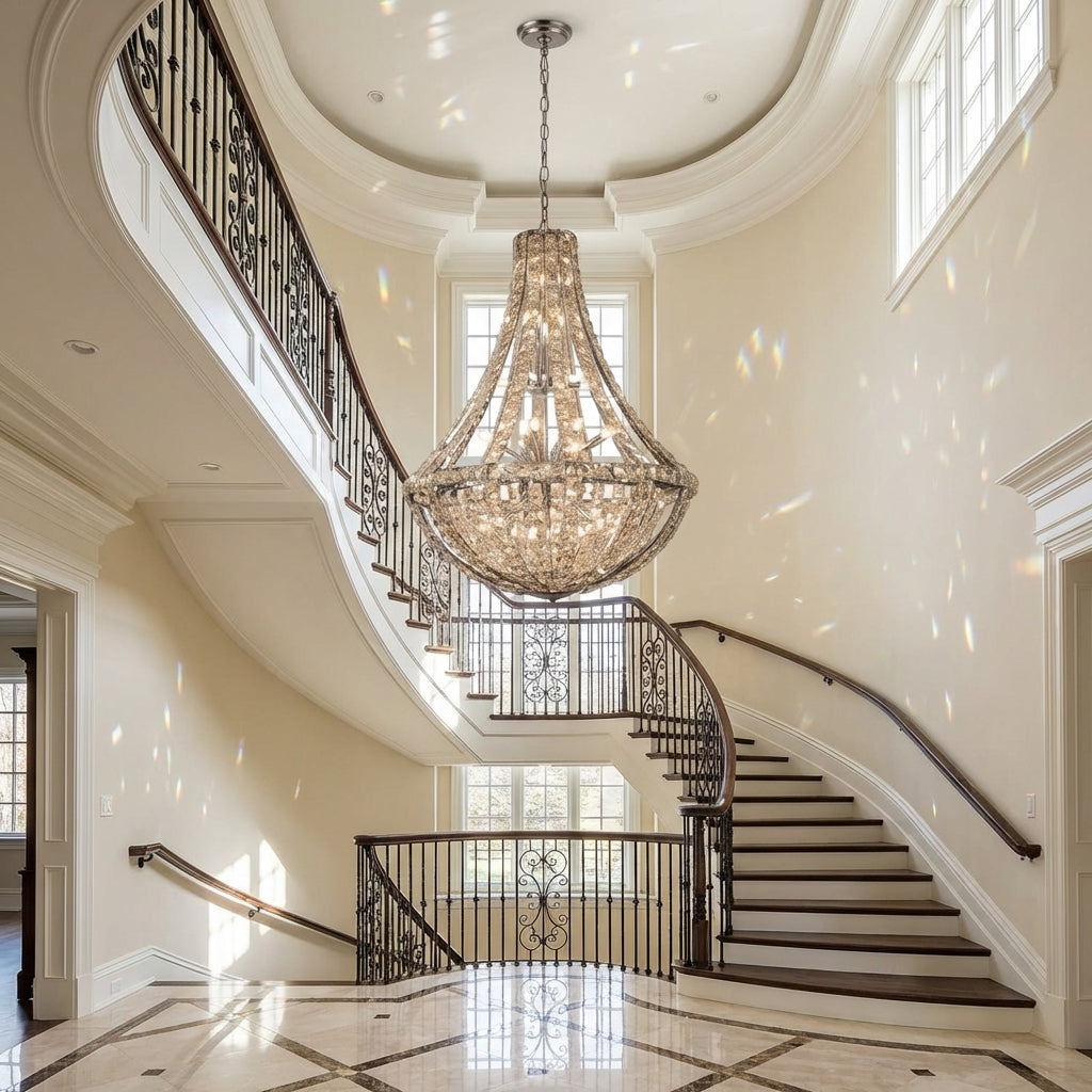 Riviko Grand Lumina K9 Crystal Chandelier - dramatic American stairwell with soaring ceiling