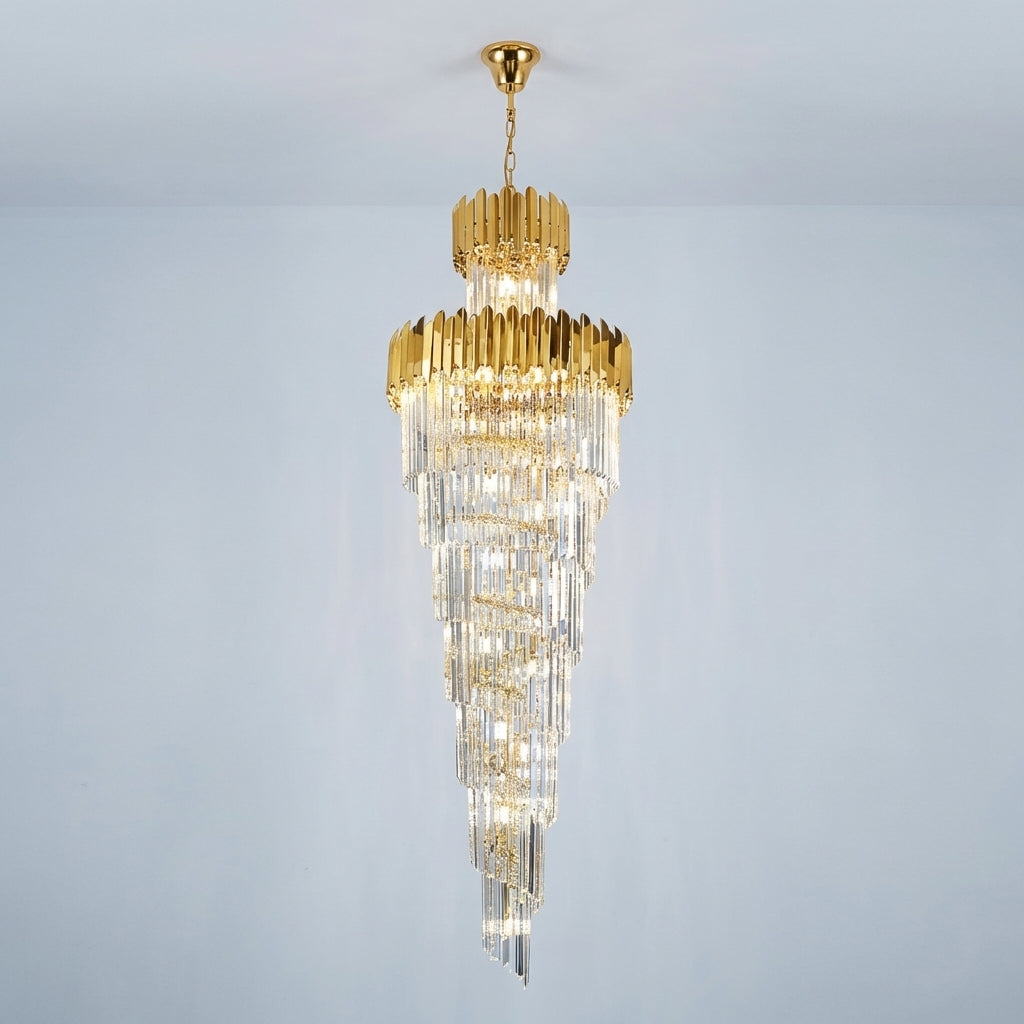 Riviko Luxury Gold Trimmed Long Crystal Chandelier Foyer Staircase Extra Large Ceiling Light Fixture - Studio Shot