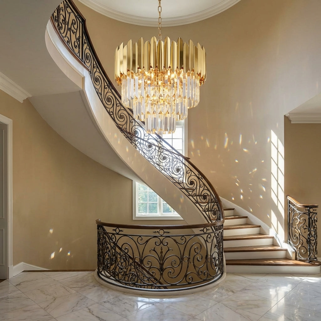 Riviko Luxury Gold Trimmed Long Crystal Chandelier Foyer Staircase Extra Large Ceiling Light Fixture - Scene