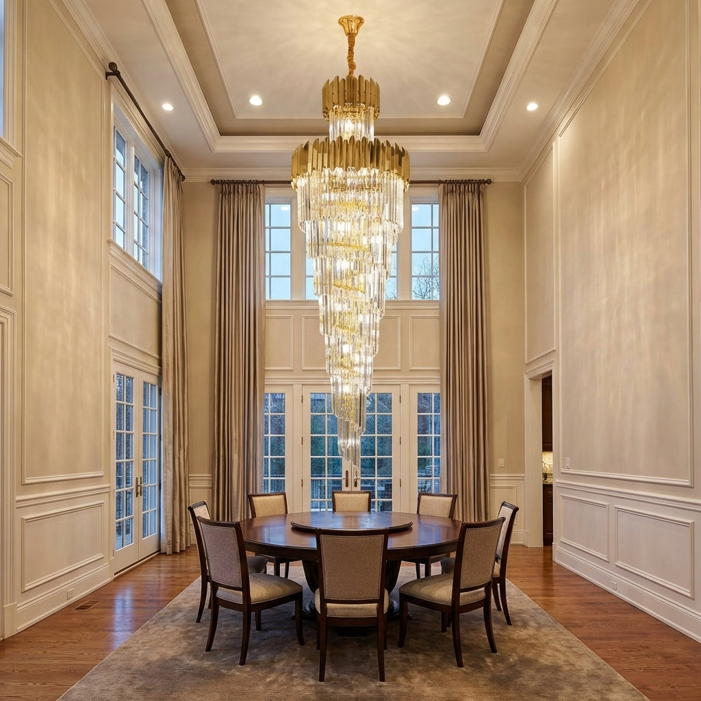 Riviko Luxury Gold Trimmed Long Crystal Chandelier Foyer Staircase Extra Large Ceiling Light Fixture - Studio Shot