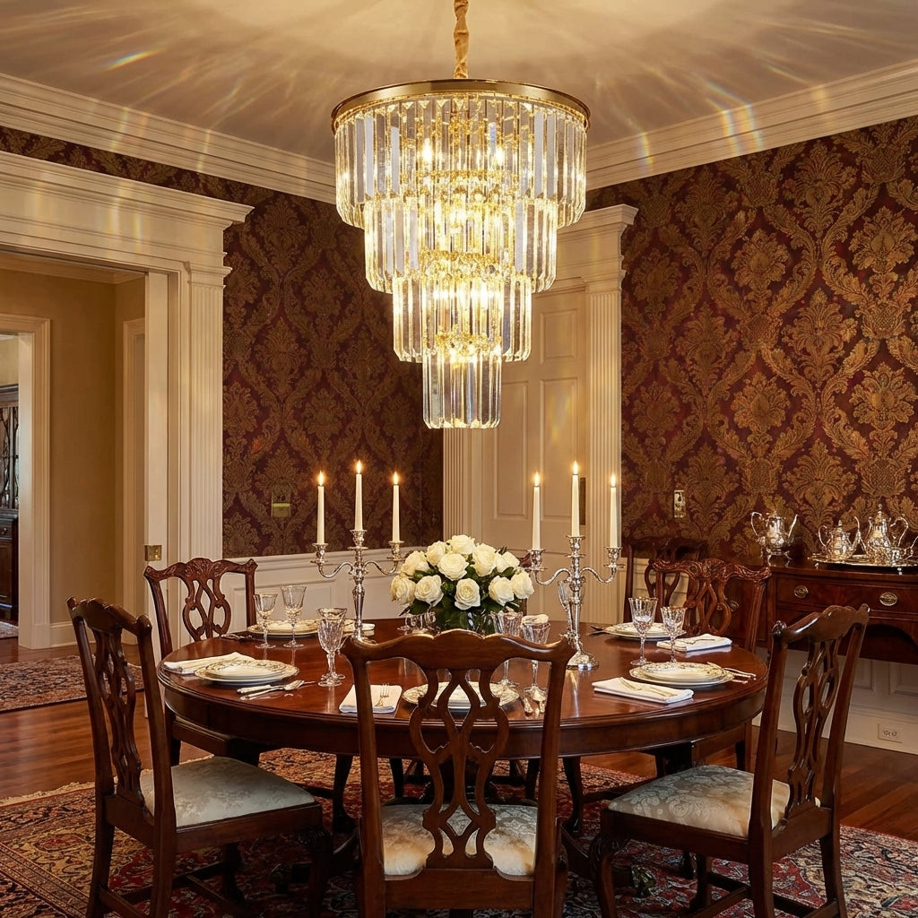 Riviko Luxury Gold Trimmed Long Crystal Chandelier Foyer Staircase Extra Large Ceiling Light Fixture - Scene