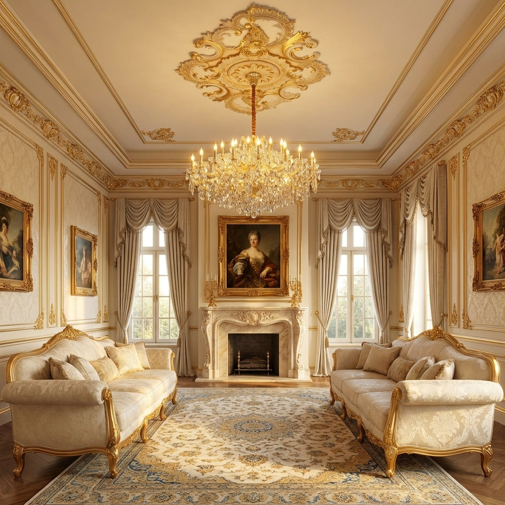Riviko Grand Lumina Extra Wide Crystal Chandelier - American formal living room with 12-foot ceilings