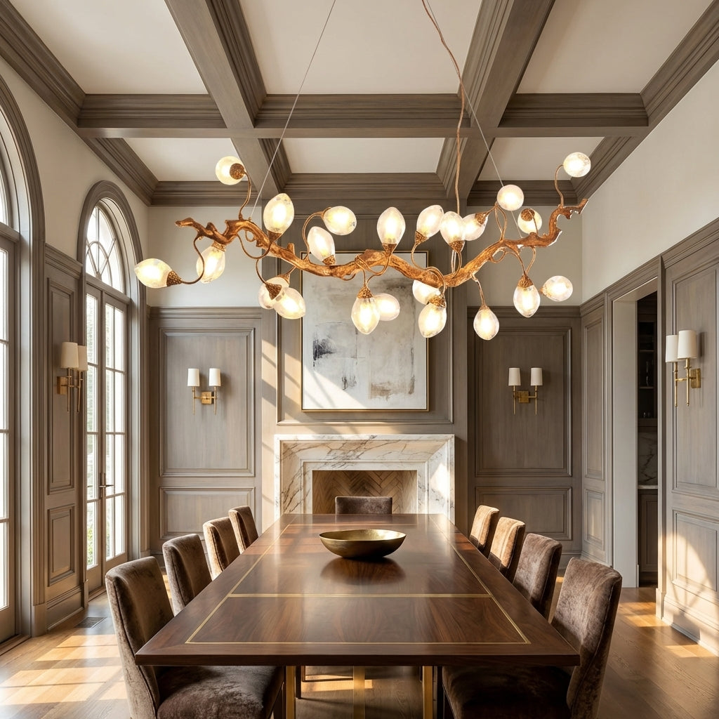 Riviko Veridian Branch LED Chandelier with Clear Seedy Glass - dramatic American stairwell with soaring ceiling