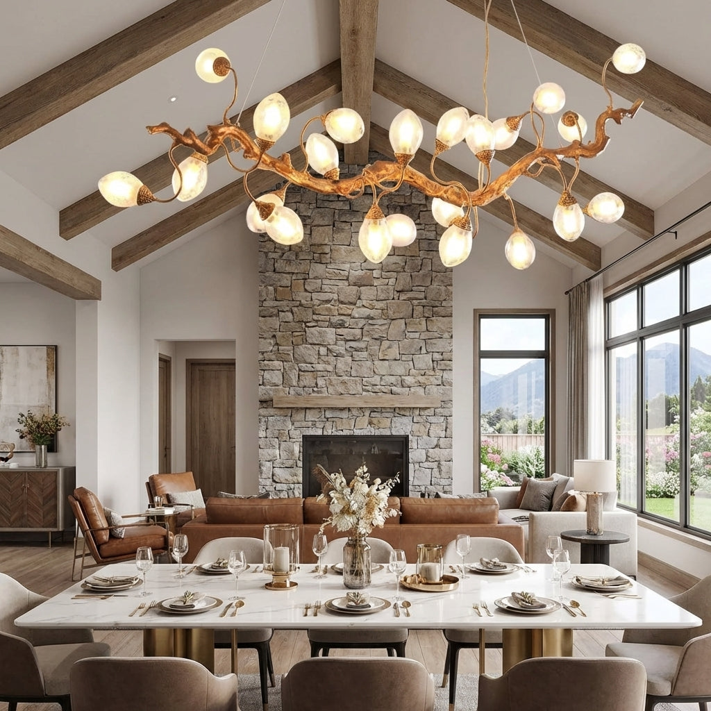 Riviko Veridian Branch LED Chandelier with Clear Seedy Glass - American transitional great room with cathedral ceiling