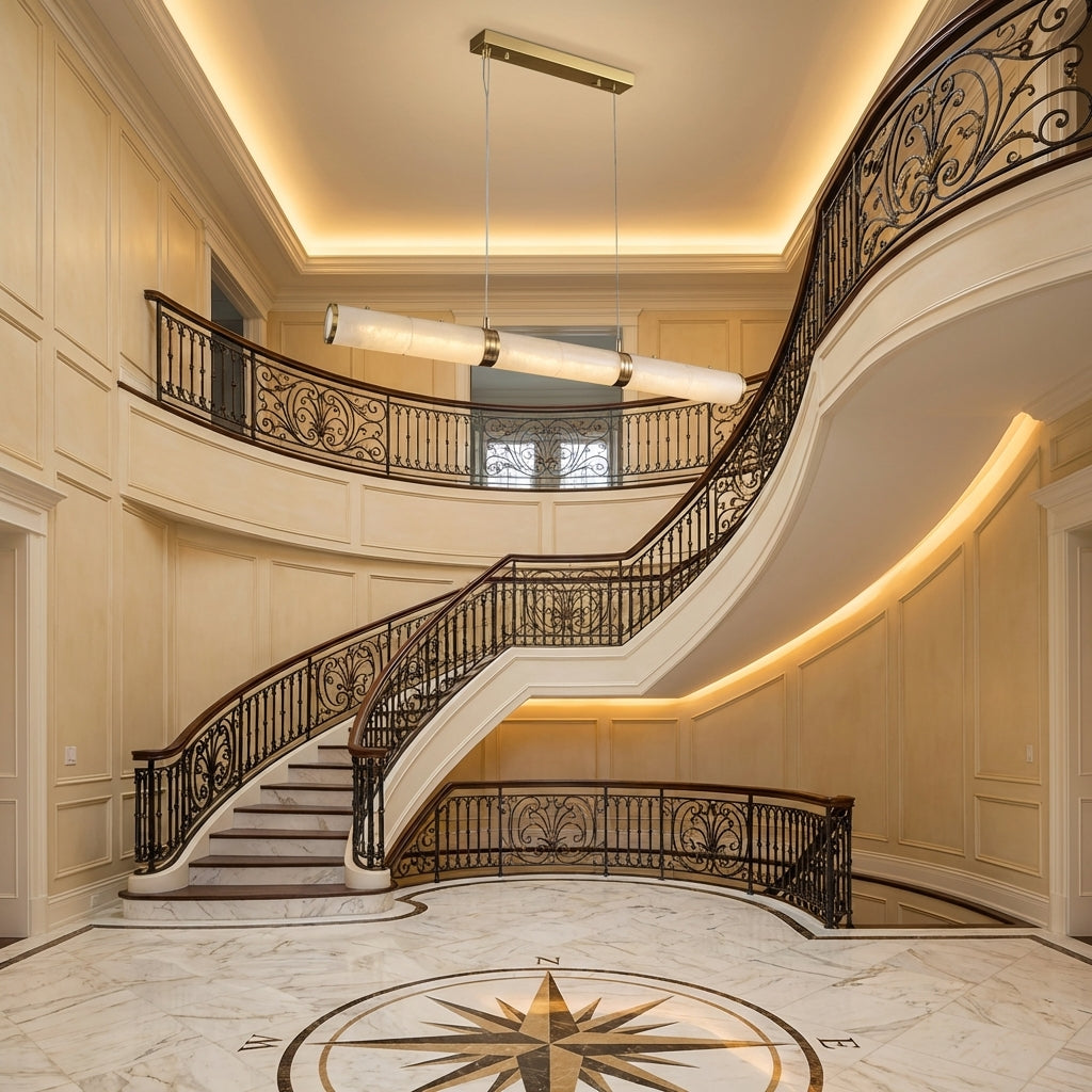 Riviko Alden Linear Alabaster Chandelier - grand American foyer with two-story ceiling