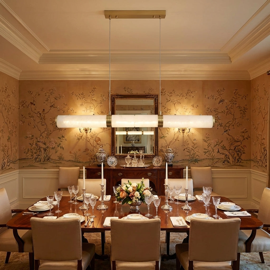Riviko Modern Linear Alabaster Chandelier, Chandelier Over Dining Table - formal American dining room