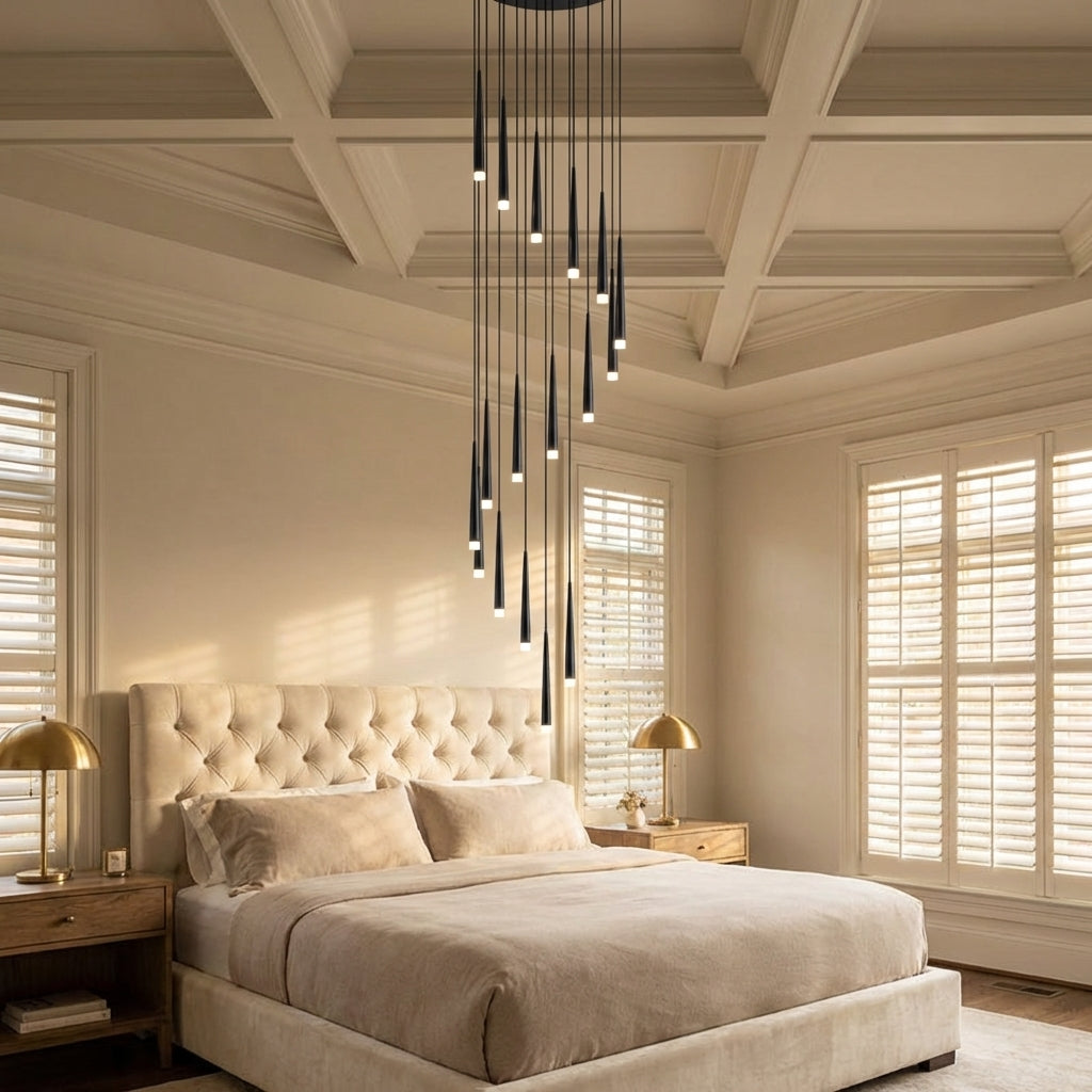Riviko Aura Grand Foyer Chandelier - American master bedroom with coffered ceiling