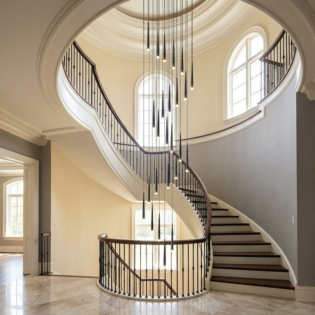 Riviko Aura Grand Foyer Chandelier - dramatic American stairwell with soaring ceiling