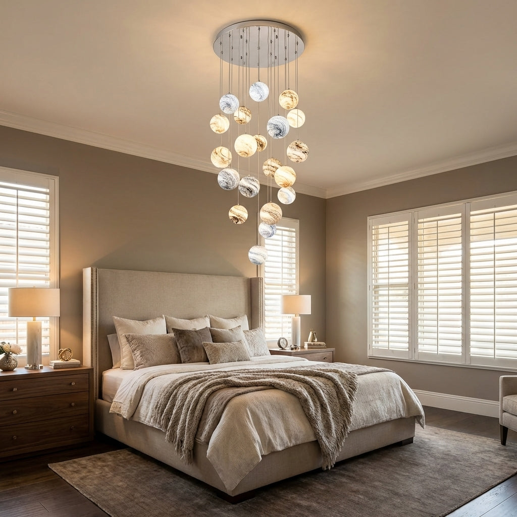 Riviko Celestial Orb Cascade Pendant Chandelier - American master bedroom with standard ceiling