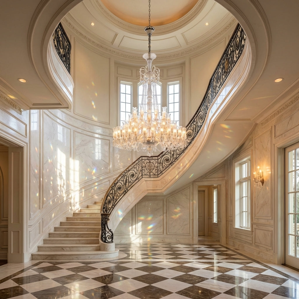 Riviko Multi Layer Chrome Crystal Chandelier in French Style with Romantic Branch Flowers for Grand Hallway and Staircase - grand American estate foyer