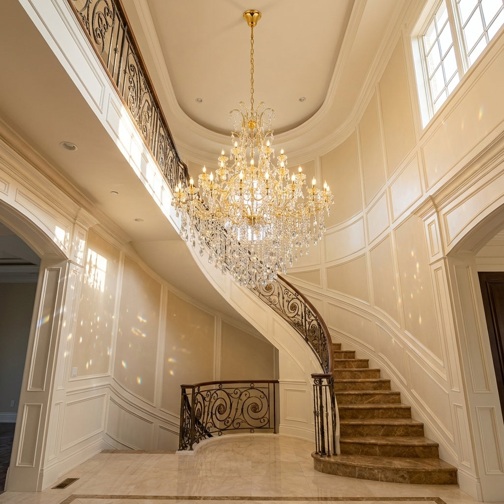Riviko Grand Lumina 44-Light Multi-Layer Crystal Chandelier - dramatic American stairwell with soaring ceiling