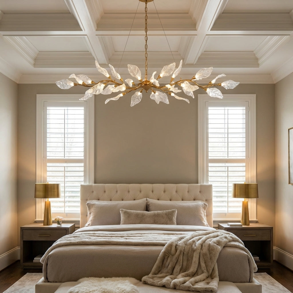 Riviko Veridian Bloom Resin Chandelier - American master bedroom with coffered ceiling