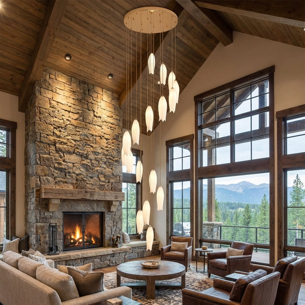Riviko Porcelain Bloom Round Chandelier - American transitional great room with cathedral ceiling