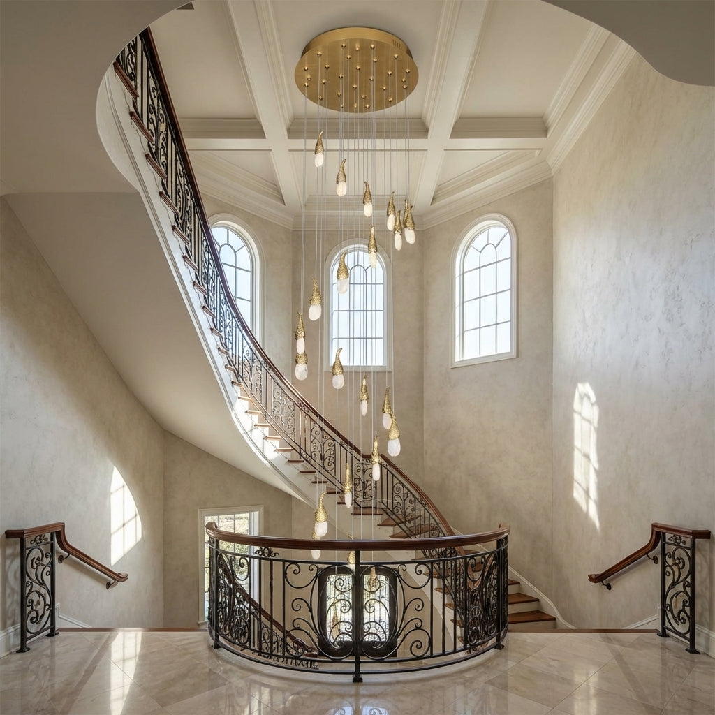 Riviko Grand Lumina Rock Crystal Stairwell Chandelier - dramatic American stairwell with soaring ceiling