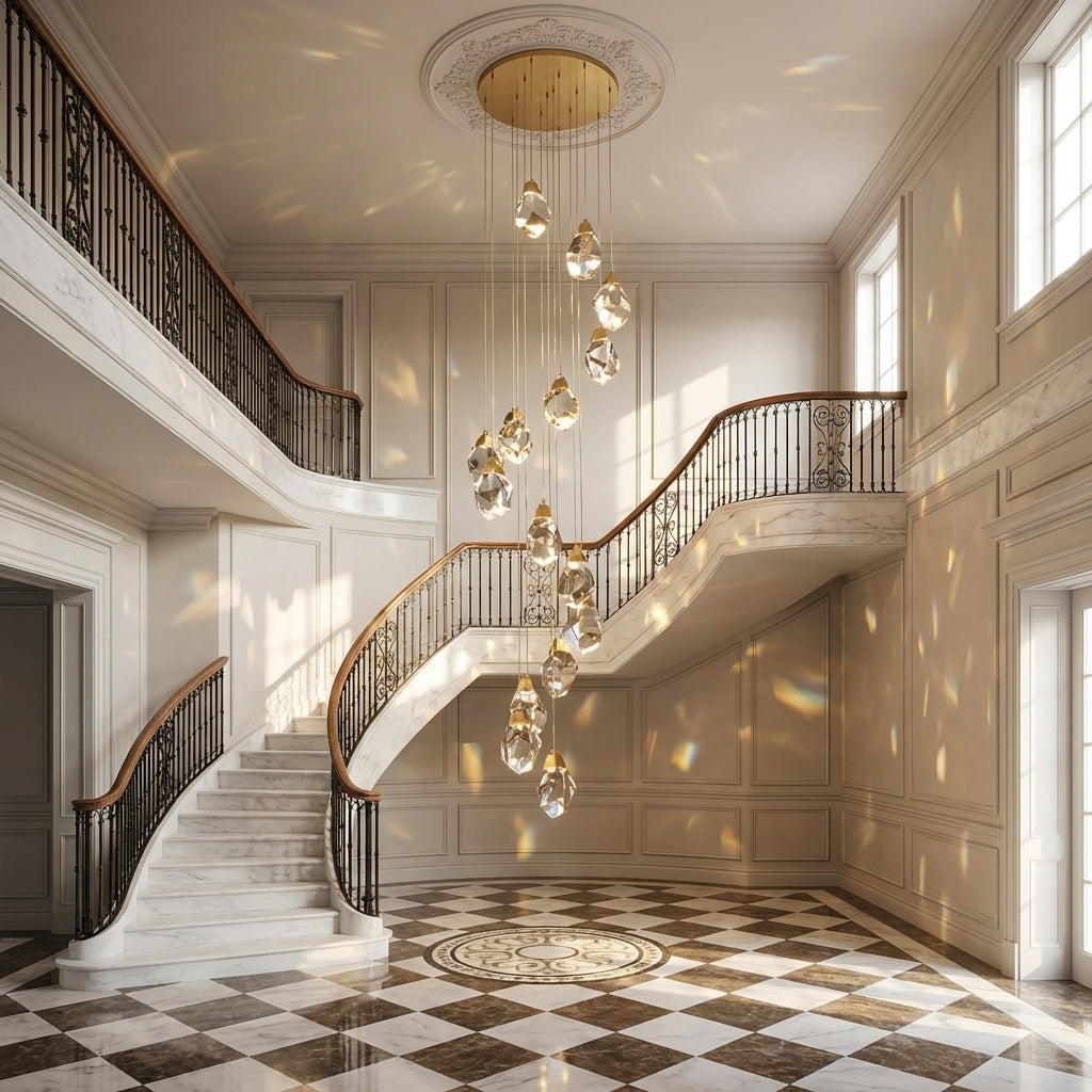 Riviko Radiant Cascade Brass Chandelier - Scene