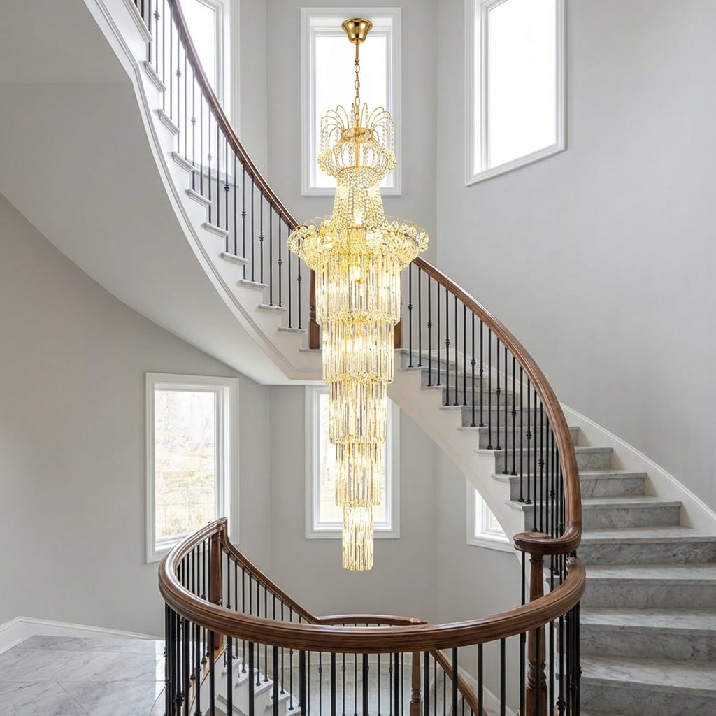 Riviko Grand Lumina K9 Crystal Round Chandelier - dramatic American stairwell with soaring ceiling