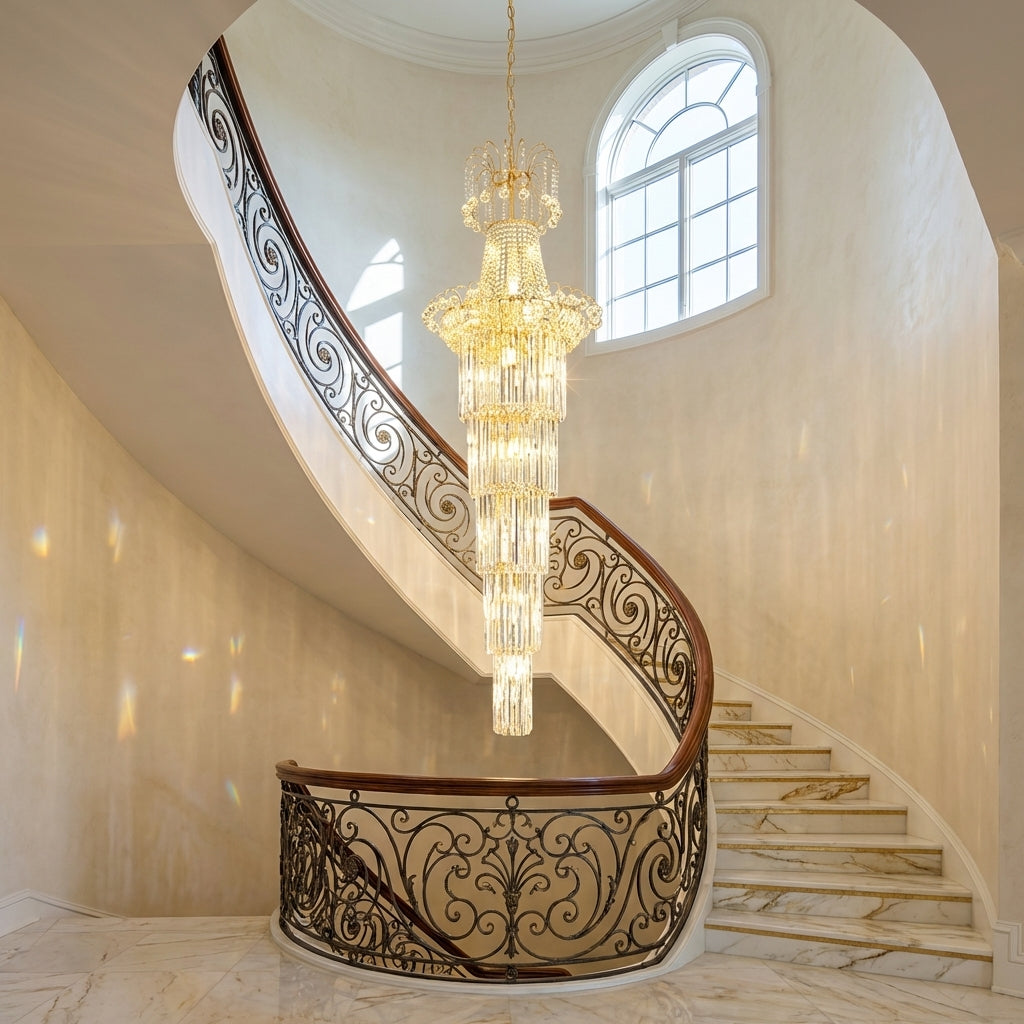 Riviko New Style Royal Large Crystal Chandelier Long Ceiling Lighting Fixture For Living Room Staircase/ Entryway - dramatic American stairwell with soaring ceiling