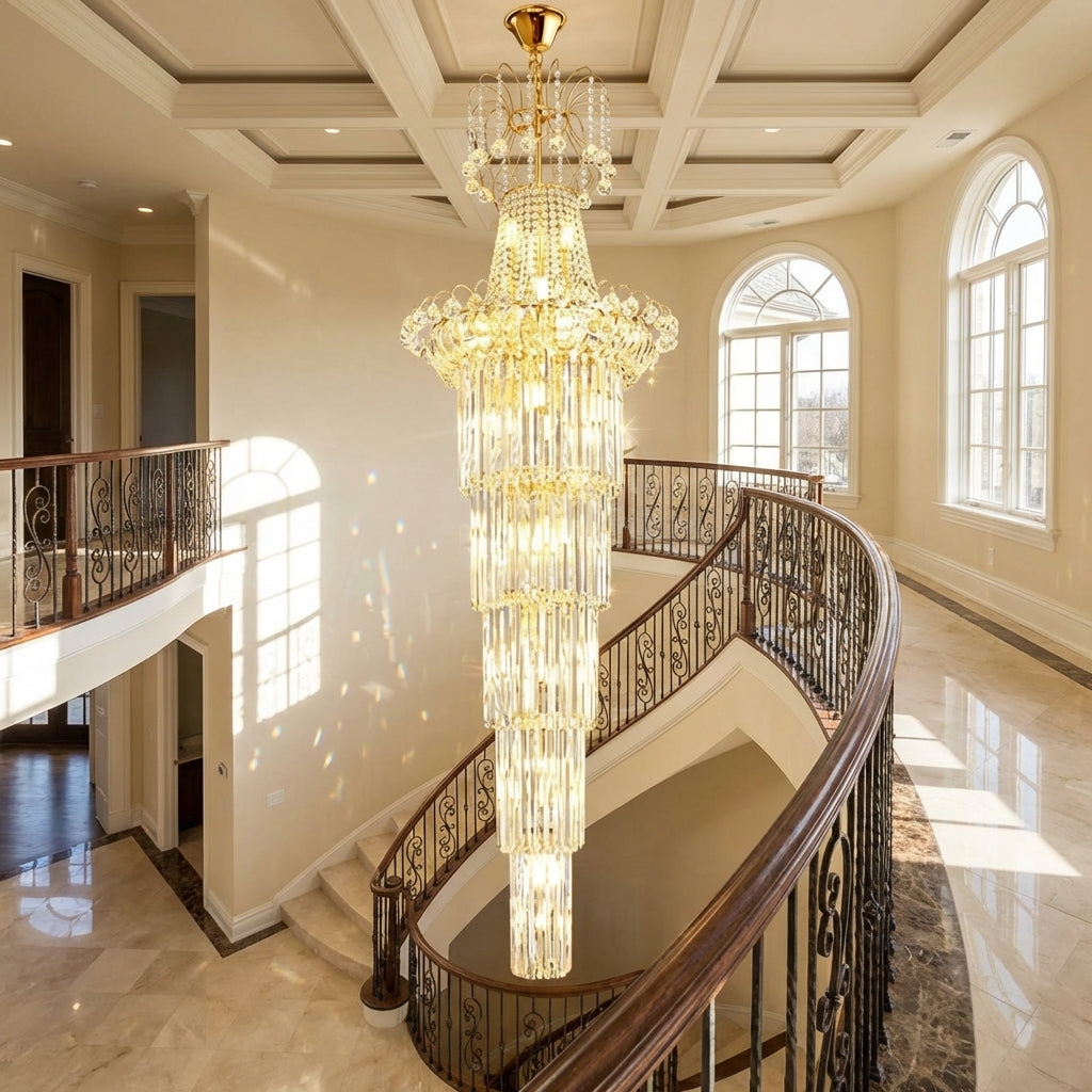 Riviko New Style Royal Large Crystal Chandelier Long Ceiling Lighting Fixture For Living Room Staircase/ Entryway - Scene