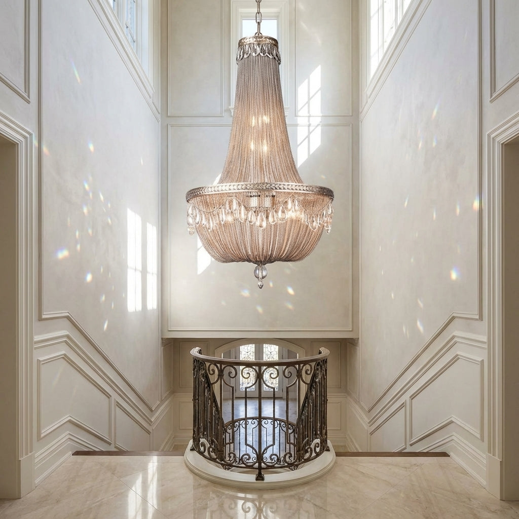 Riviko Grand Lumina Metal and Crystal Chandelier - dramatic American stairwell with soaring ceiling