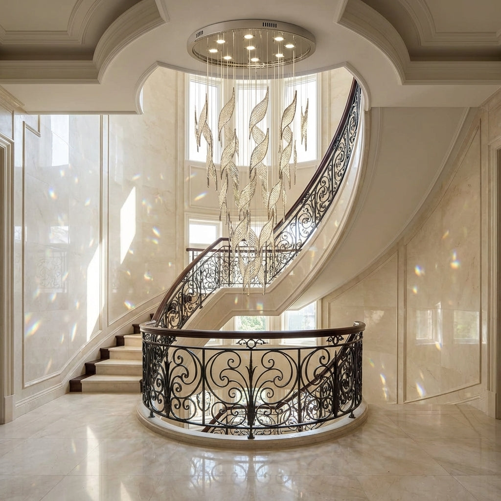 Riviko Opulent Canopy Tiered Crystal Chandelier - dramatic American stairwell with soaring ceiling
