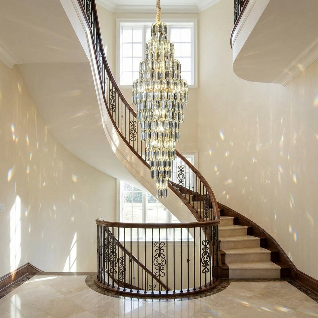 Riviko Luxury Large Foyer Staircase K9 Crystal Chandelier Long Ceiling Lighting Fixture For Living Room Hall - dramatic American stairwell with soaring ceiling