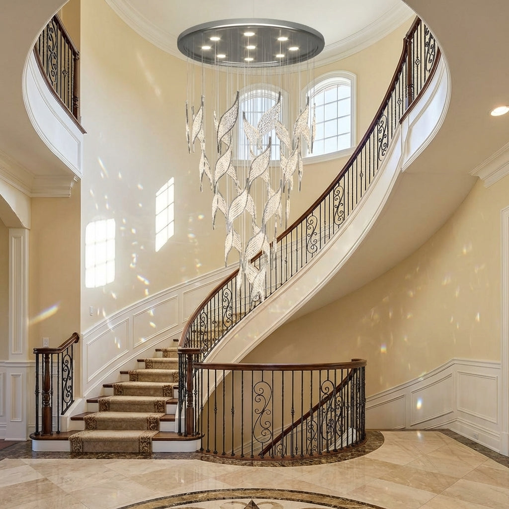 Riviko Modern Light Luxury Multi-layered Openwork Leaf Crystal Chandelier for Living Room/ Staircase/Duplex - dramatic American stairwell with soaring ceiling
