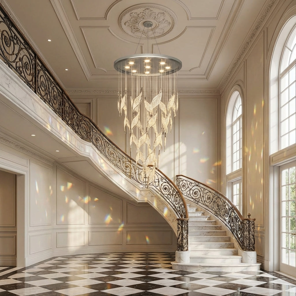 Riviko Modern Light Luxury Multi-layered Openwork Leaf Crystal Chandelier for Living Room/ Staircase/Duplex - grand American estate foyer