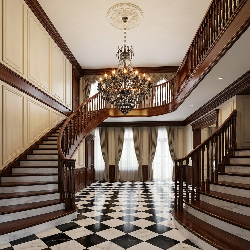 Riviko Grand Tiered K9 Crystal Chandelier - grand American estate foyer