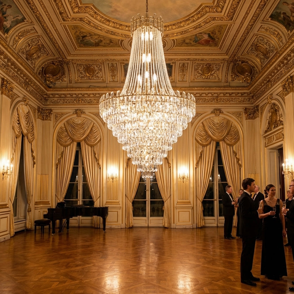 Riviko Grand Tiered K9 Crystal Chandelier - American ballroom or formal entertaining space